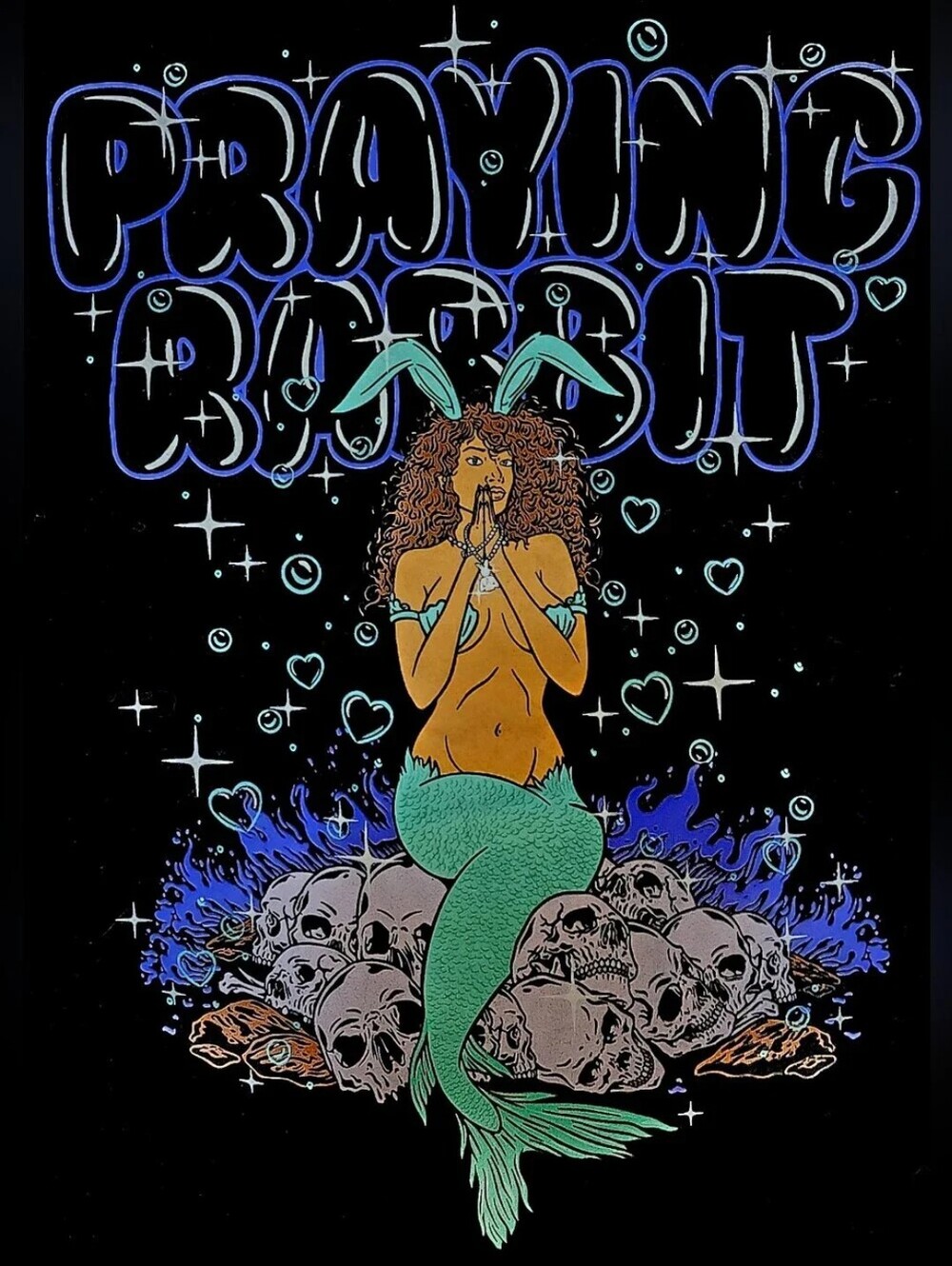 Black Short-Sleeve Graphic Tee with Praying Mermaid Print - PRAYING RABBIT